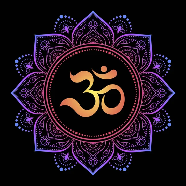 Henna, Mehndi için eski Hindu mantra Om ve nilüfer çiçeği desenli renkli dairesel desen, dekorasyon. Doğu tarzında dekoratif süsler. Siyah arkaplanda gökkuşağı tasarımı.