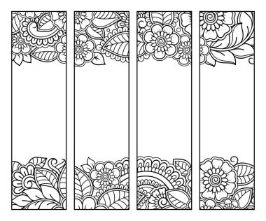 Kitap boyama için basılabilir yer imi. Çiçek desenli siyah beyaz etiketler, el çizimi mehndi tarzı. Çocukların ve yetişkinlerin renkli kalemlerle yaratıcılığını gösteren süslemelerin çizimi.