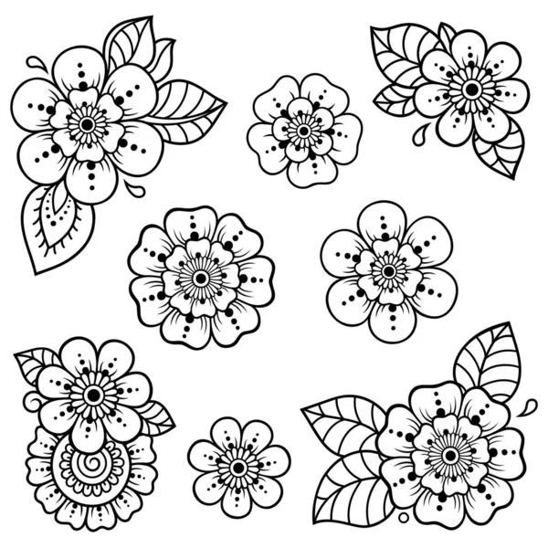 Ensemble Motif Fleurs Mehndi Pour Dessin Henné Tatouage Décoration Style — Image vectorielle