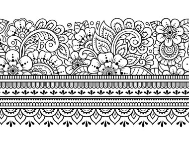Kına çizimi ve dövme için Mehndi çiçeğiyle kusursuz sınır deseni. Etnik doğuya özgü dekorasyon, Hint tarzı. Karalama süsü. El çizimi vektör illüstrasyonu.