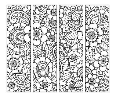 Kitap boyama için yer imi. Çiçek desenli siyah beyaz etiketler, mehndi tarzında el çizimi. Çocukların ve yetişkinlerin renkli kalemlerle yaratıcılığını gösteren süslemelerin çizimi.