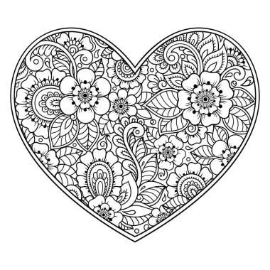 Kına çizimi ve dövme için kalp şeklinde Mehndi çiçek deseni. Etnik doğuya özgü dekorasyon, Hint tarzı. Sevgililer Günü selamları. Boyama kitabı sayfası.