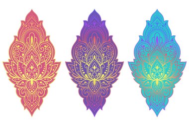 Mehndi ve Henna çizimleri için renkli çiçek desenleri. El çizimi nilüfer sembolü. Etnik doğuya özgü dekorasyon, Hint tarzı. Siyah arkaplanda renk tasarımı.