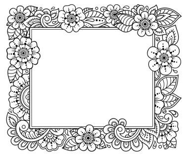 Kınalı dövmeler, defter, tabut, dergi, kartpostal ve klasör için dekoratif desenler. Mehndi tarzında çiçek. Doğu geleneğinde çerçeve.