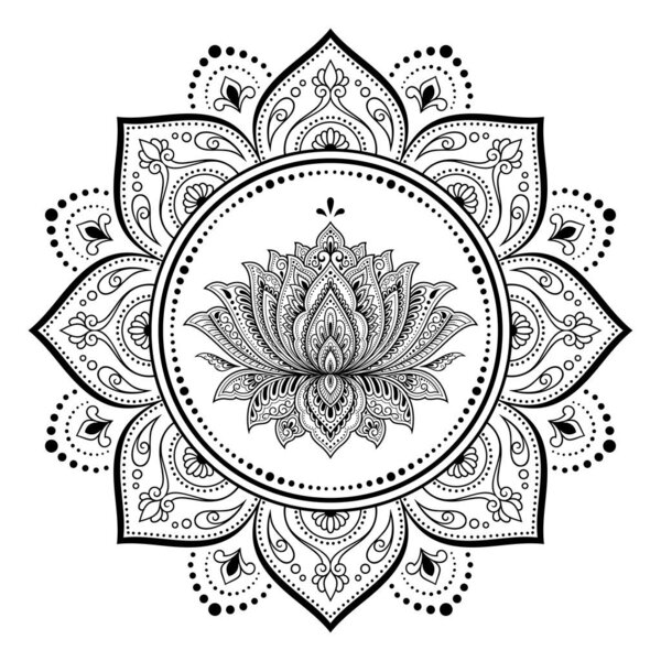 Circular pattern in form of mandala with lotus flower for Henna, Mehndi, tattoo, decoration. Decorative ornament in ethnic oriental style. Outline doodle hand draw vector illustration.