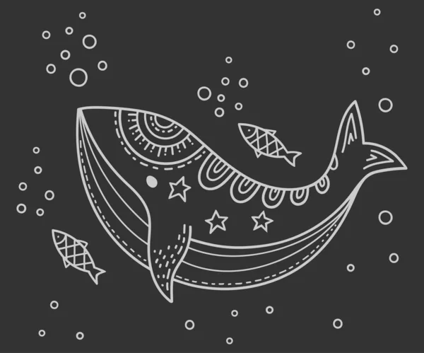 Vtipné Kreslené Dětské Zbarvení Velryba Rybami Moři Pod Vodou Mezi — Stockový vektor