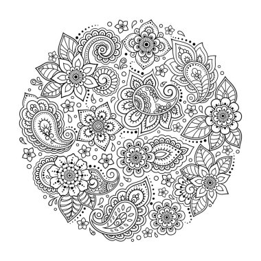 Kitap sayfasını boyamak için Mehndi tarzında yuvarlak çiçek deseni çiz. Yetişkinler ve çocuklar için stres önleyici. Siyah beyaz karalama süsü. El çizimi vektör illüstrasyonu.