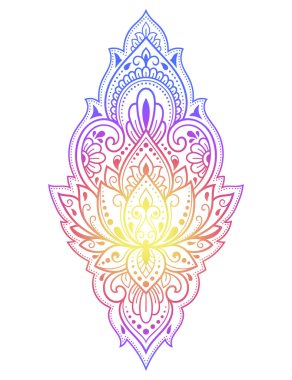 Mehndi ve Henna çizimleri için renkli çiçek desenleri. El çizimi nilüfer sembolü. Etnik doğuya özgü dekorasyon, Hint tarzı. Siyah arkaplanda gökkuşağı tasarımı.