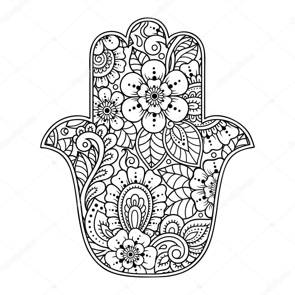 Hamsa hand drawn symbol with flower. Decorative pattern in oriental style for interior decoration and henna drawings. The ancient sign of 