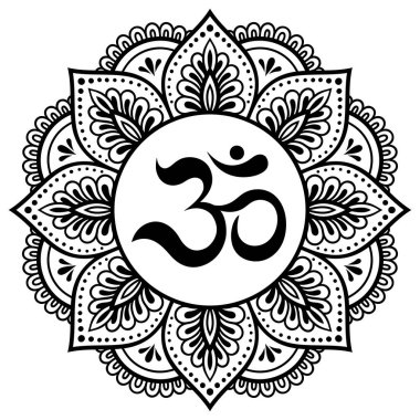 Henna, Mehndi, dövme, dekorasyon için Mandala şeklinde dairesel desen. Antik Hindu mantra OM ile oryantal tarzda Dekoratif süsleme. Anahat Doodle vektör illüstrasyon.