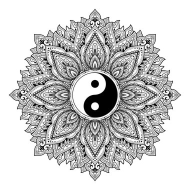 Henna, Mehndi, dövme, dekorasyon için mandala şeklinde dairesel desen. Etnik doğu tarzında dekoratif süsleme ve Yin-yang el çizimi sembolü. Çizgi karalama vektörü çizimi.