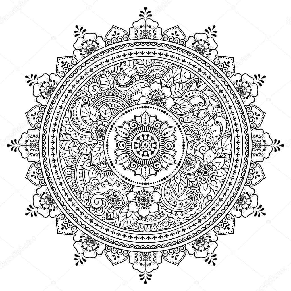 Outline round flower pattern in mehndi style for coloring book page. Antistress for adults and children. Doodle ornament in black and white. Hand draw vector illustration.