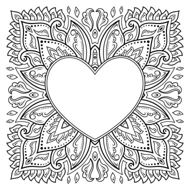 Mandala şeklinde dairesel desen, kalp şeklinde çerçeve. Etnik doğulu mehndi tarzında dekoratif süs. Taslak çizim el çizimi vektör çizimi. Stres karşıtı boyama kitabı sayfası.