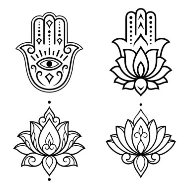 Nilüfer çiçeğiyle çizilmiş Hamsa el sembolü. İç dekorasyon ve kına çizimleri için doğu tarzı dekoratif desen. Antik işaret 