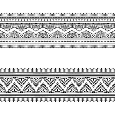 Mehndi, Henna çizimi ve dövmesi için kusursuz sınır desenleri. Etnik doğuya özgü dekorasyon, Hint tarzı. Karalama süsü. El çizimi vektör illüstrasyonu.