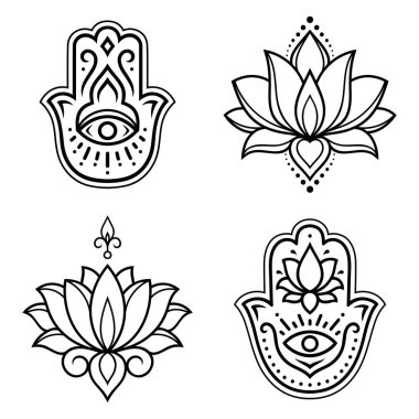 Nilüfer çiçeğiyle çizilmiş Hamsa el sembolü. İç dekorasyon ve kına çizimleri için doğu tarzı dekoratif desen. Antik işaret 