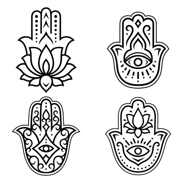 Set Hamsa Disegnato Mano Simbolo Con Fiore Loto Modello Decorativo — Vettoriale Stock