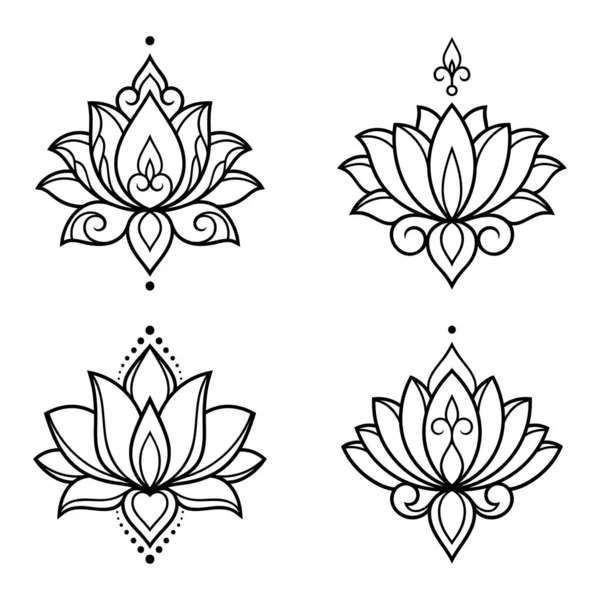 Stock vector Set of lotus mehndi flower pattern for Henna drawing and tattoo. Decoration in oriental, Indian style. Doodle ornament. Outline hand draw vector illustration.