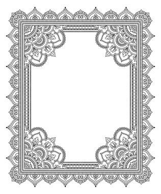 Doğu geleneğinde çerçeve. Kınalı dövmeler, defter, tabut, dergi, kartpostal ve klasör için dekoratif desenler. Mehndi tarzında çiçek mandala.