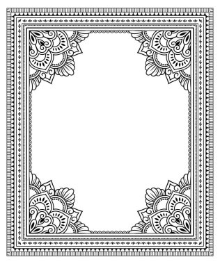 Doğu geleneğinde çerçeve. Kınalı dövmeler, defter, tabut, dergi, kartpostal ve klasör için dekoratif desenler. Mehndi tarzında çiçek mandala.