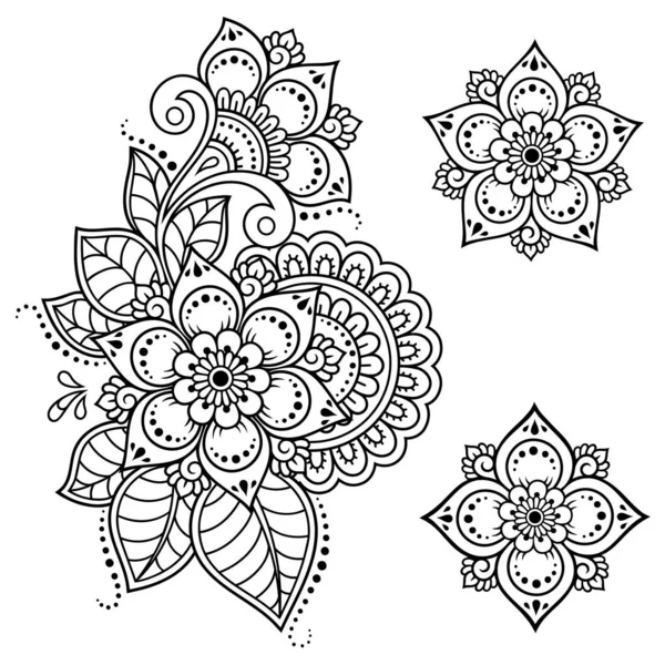 Conjunto Patrón Flores Mehndi Para Dibujo Tatuaje Henna Decoración Estilo — Vector de stock