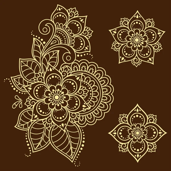 Set Motivo Floreale Mehndi Disegno Tatuaggio Henna Decorazione Stile Etnico — Vettoriale Stock