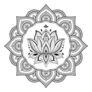 Henna, Mehndi, dövme ve süsleme için nilüfer çiçeği içeren dairesel desen. Etnik doğu tarzında dekoratif süs. Çizim el çizimi vektör illüstrasyonuName.