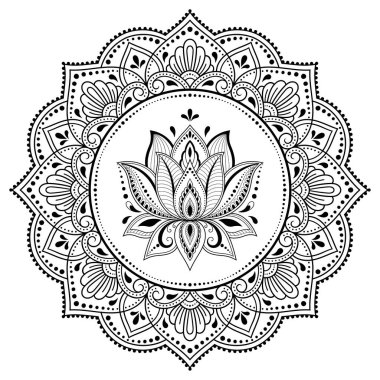 Henna, Mehndi, dövme ve süsleme için nilüfer çiçeği içeren dairesel desen. Etnik doğu tarzında dekoratif süs. Çizim el çizimi vektör illüstrasyonuName.