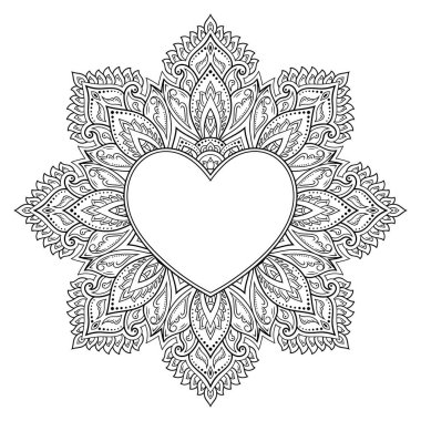 Mandala şeklinde dairesel desen, kalp şeklinde çerçeve. Etnik doğulu mehndi tarzında dekoratif süs. Taslak çizim el çizimi vektör çizimi. Stres karşıtı boyama kitabı sayfası.