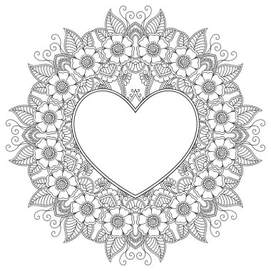 Mandala şeklinde dairesel desen, kalp şeklinde çerçeve. Etnik doğulu mehndi tarzında dekoratif süs. Taslak çizim el çizimi vektör çizimi. Stres karşıtı boyama kitabı sayfası.