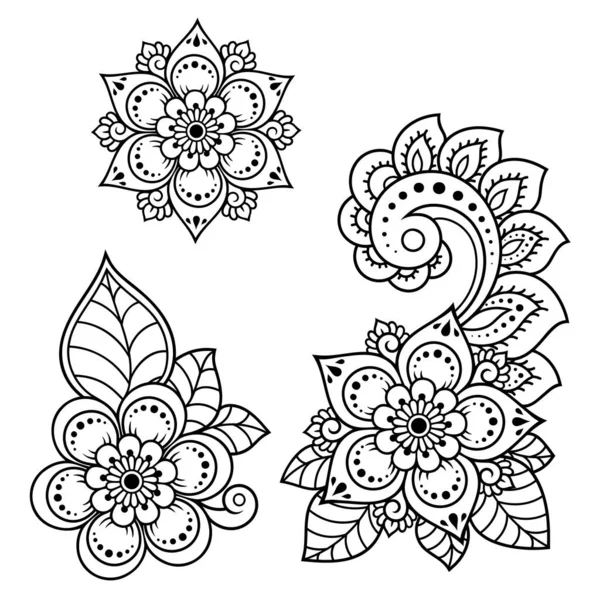 Set Motivo Floreale Mehndi Disegno Tatuaggio Henna Decorazione Stile Etnico — Vettoriale Stock