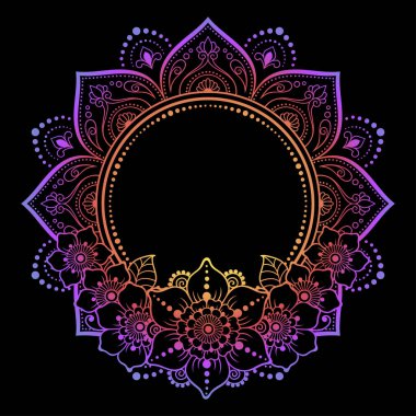 Kına, Mehndi, dövme ve dekorasyon için çiçekli dairesel desen. Etnik doğu tarzında dekoratif süs. Siyah arkaplanda gökkuşağı tasarımı.