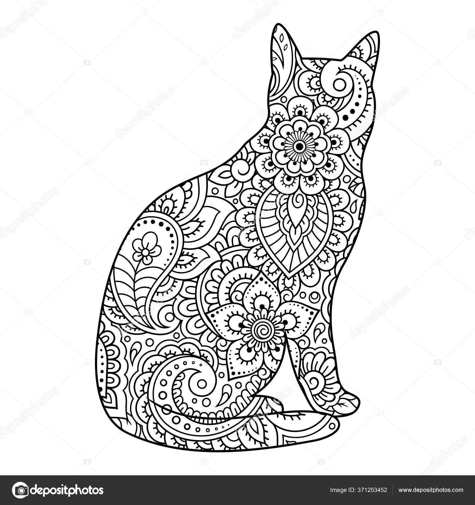 Cat Made Floral Pattern Oriental Ornaments Hand Drawn Decorative 
