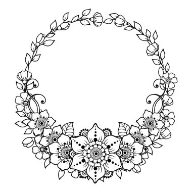 Doğu geleneğinde çerçeve. Kınalı dövmeler, defter, tabut, dergi, kartpostal ve klasör için dekoratif desenler. Mehndi tarzında çiçek mandala.