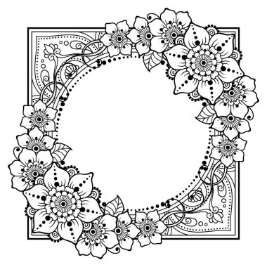 Kınalı dövme dekoratif desenli defter, defter, tabut, kartpostal ve klasör. Mehndi tarzında çiçek ve sınır. Doğu geleneğinde çerçeve.
