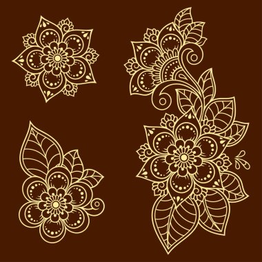 Kına çizimi ve dövme için Mehndi çiçek desenli bir set. Etnik doğuya özgü dekorasyon, Hint tarzı. Karalama süsü. El çizimi vektör illüstrasyonu.