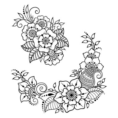 Kına çizimi ve dövme için Mehndi çiçek desenli bir set. Etnik doğuya özgü dekorasyon, Hint tarzı. Karalama süsü. El çizimi vektör illüstrasyonu.