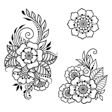 Kına çizimi ve dövme için Mehndi çiçek desenli bir set. Etnik doğuya özgü dekorasyon, Hint tarzı. Karalama süsü. El çizimi vektör illüstrasyonu.