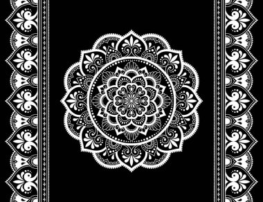 Mandala desenleri ve kına çizimi ve dövme için kusursuz bir sınır. Hint usulü etnik doğulu mehndi dekorasyonu. Siyah beyaz karalama süsü. El çizimi vektör illüstrasyonu.
