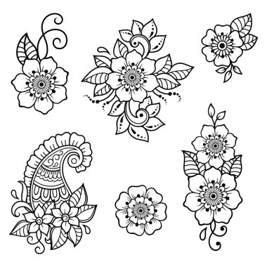 Kına çizimi ve dövme için Mehndi çiçek desenli bir set. Etnik doğuya özgü dekorasyon, Hint tarzı. Karalama süsü. El çizimi vektör illüstrasyonu.