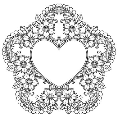 Mandala şeklinde dairesel desen, kalp şeklinde çerçeve. Etnik doğulu mehndi tarzında dekoratif süs. Taslak çizim el çizimi vektör çizimi. Stres karşıtı boyama kitabı sayfası.