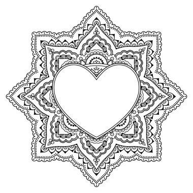 Mandala şeklinde dairesel desen, kalp şeklinde çerçeve. Etnik doğulu mehndi tarzında dekoratif süs. Taslak çizim el çizimi vektör çizimi. Stres karşıtı boyama kitabı sayfası.