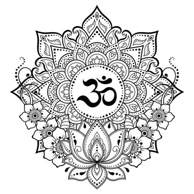 Nilüfer çiçeği kına, Mehndi, dövme ve süsleme için dairesel desen. Doğu tarzında dekoratif süs, eski Hindu mantra OM ile. Çizgi karalama vektörü çizimi.