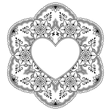 Mandala şeklinde dairesel desen, kalp şeklinde çerçeve. Etnik doğulu mehndi tarzında dekoratif süs. Taslak çizim el çizimi vektör çizimi. Stres karşıtı boyama kitabı sayfası.