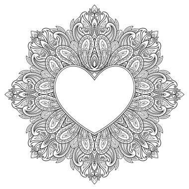 Mandala şeklinde dairesel desen, kalp şeklinde çerçeve. Etnik doğulu mehndi tarzında dekoratif süs. Taslak çizim el çizimi vektör çizimi. Stres karşıtı boyama kitabı sayfası.