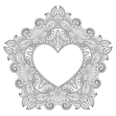 Mandala şeklinde dairesel desen, kalp şeklinde çerçeve. Etnik doğulu mehndi tarzında dekoratif süs. Taslak çizim el çizimi vektör çizimi. Stres karşıtı boyama kitabı sayfası.