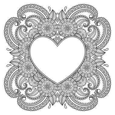 Mandala şeklinde dairesel desen, kalp şeklinde çerçeve. Etnik doğulu mehndi tarzında dekoratif süs. Taslak çizim el çizimi vektör çizimi. Stres karşıtı boyama kitabı sayfası.