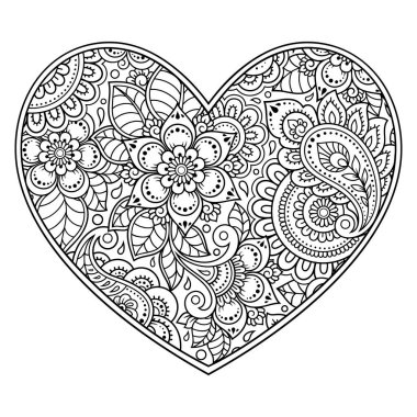Kına çizimi ve dövme için kalp şeklinde Mehndi çiçek deseni. Etnik doğuya özgü dekorasyon, Hint tarzı. Sevgililer Günü selamları. Boyama kitabı sayfası.