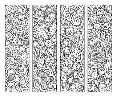 Kitap boyama için yer imi. Çiçek desenli siyah beyaz etiketler, mehndi tarzında el çizimi. Çocukların ve yetişkinlerin renkli kalemlerle yaratıcılığını gösteren süslemelerin çizimi.