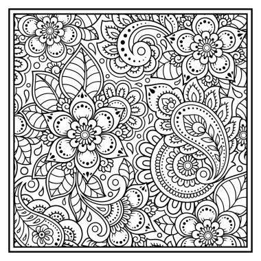Resim kitabı sayfası için mehndi tarzında kare desen çiz. Yetişkinler ve çocuklar için stres önleyici. Siyah beyaz karalama süsü. El çizimi vektör illüstrasyonu.